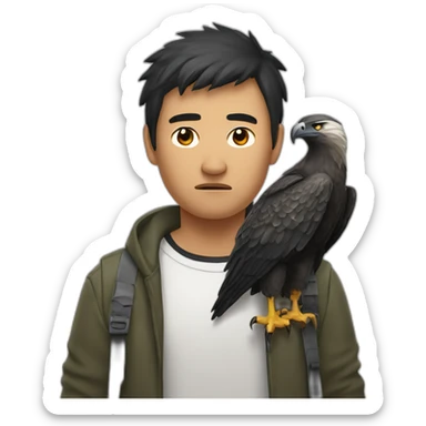 miserable asian man with a tasmanian wedge tailed eagle on his shoulder sticker
