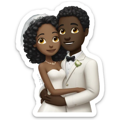 African Bride and Groom. Dark Brown skin. Black long curly hair. Short black haircut. Hugging each other. Eyes closed. sticker