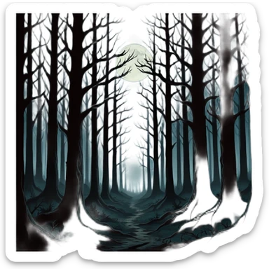dark forest scene, the entire world covered in darkness. The sky is deep black with no stars or light, no moon, no glow just total void and silence. The atmosphere feels ominous and unsettling, as if darkness has swallowed everything. No characters, no visible light sources sticker