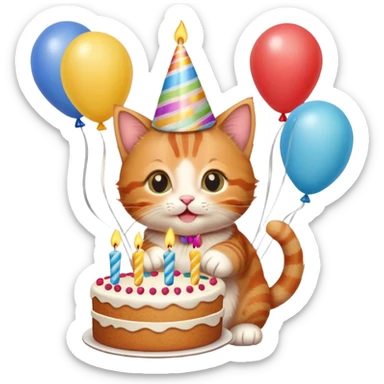 Ginger tabby kitten celebrates birthday, birthday hat, birthday cake, one candle, balloons, happy, gifts sticker
