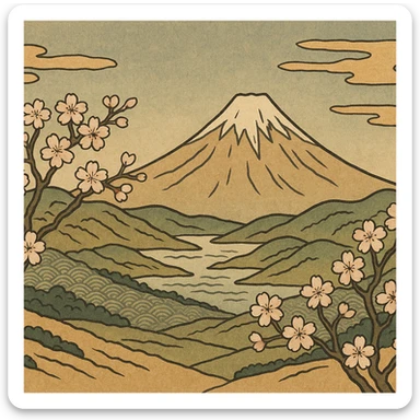 ukiyo-e style illustration of a mountain landscape with cherry blossoms sticker