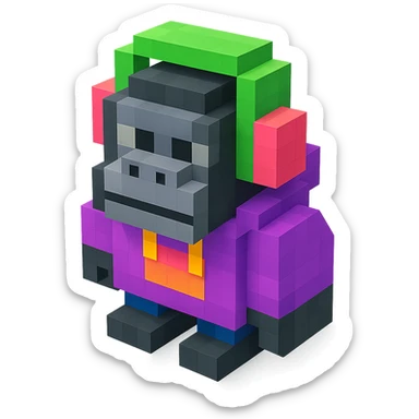 voxel style gorilla with headphones, wearing a hoodie, isometric view sticker