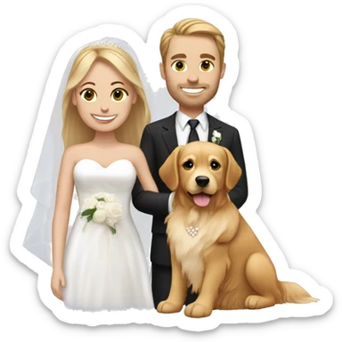 White bride and groom with golden retriever  sticker