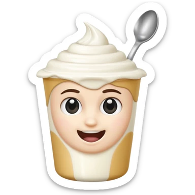 A 3D cartoon yogurt cup with a spoon, creamy white top, Memoji-style rendering. sticker