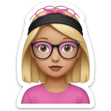 blonde girl black eyes with black headband and pink glasses light brown skin sticker