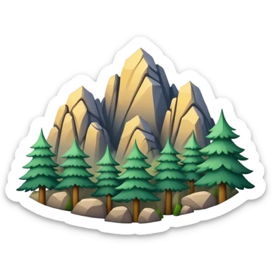 Yellow Mountain Huangshan misty peaks, simplified emoji style with bold outlines and bright colors, cartoon style mountain peaks with pine trees sticker