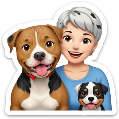 Pitt bull rottweiler white muzzle with black spots tongue out next to middle aged woman with short silver hair sticker