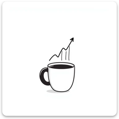 a doodle of a coffee cup next to a bullish stock graph sticker