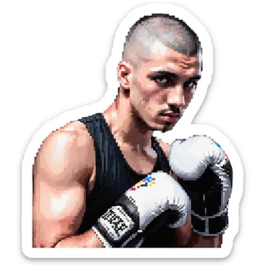 white man with dark hair, dark eyes, buzzcut faded haircut, wearing boxing gloves sticker