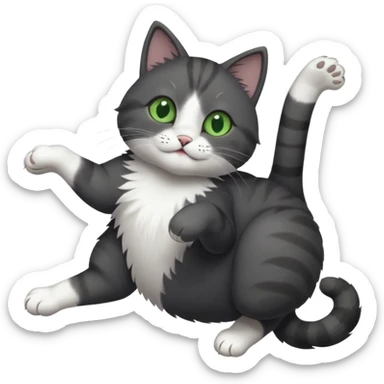 solid dark grey cat with green eyes, white toes/paws and white patch on her chest playfully rolling upside down sticker
