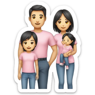 Famille 4 personne un fils aîné avec un t-shirt de basket une fille cadette au cheveux long un père asiatique une mère avec des formes sticker