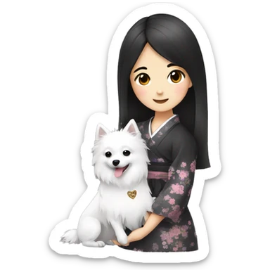 Japanese spitz dog hug black hair girl with dress sticker