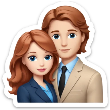 Barbie girl  , eyes blue , Chestnut red long wavy hair In pale beige clothes, Hugs a man with light brown hair short haircut, brown eyes , and a black suit sticker