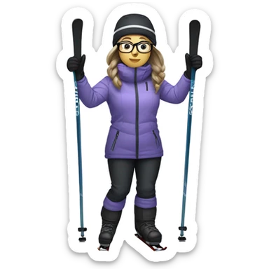 chubby female skier with long hair, glasses, grey-purple snow jacket, black pants and black skis sticker