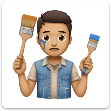 confused house painter emoji wearing torn jeans and stained shirt, holding a broken paintbrush, paint on face and hands, cluttered background sticker