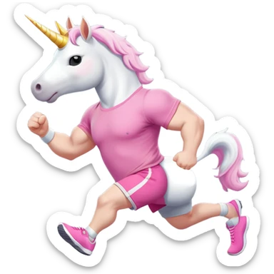 friendly anthropomorphised male white unicorn with a fit, chunky, muscular and strong physique, arms and legs matching the white of the head, in grey shorts and pink t-shirt, wearing dark sunglasses, jogging upright in a standard pose sticker