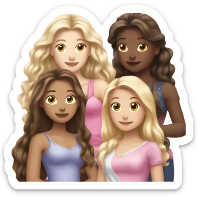 Three 25 year old girls, all with long hair, two brunette, one blonde. All with tiaras on. One of the brunette girls is cuddling a big rat. They are all wearing pink.  sticker