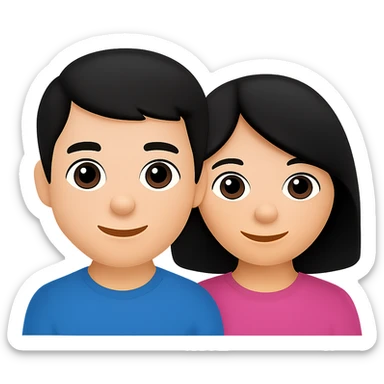 Create an emoji style image showing two kids, a boy and a girl, both with black hair, together in one emoji. The style should resemble typical emoji aesthetics. The background should be removed, leaving only the characters visible. sticker