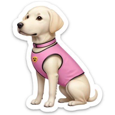 White Labrador service dog with a pink vest sticker