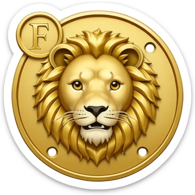 Fais un emoji de pièce d'or ronde avec l'inscription "F" dessus et un lion très détaillé gravé sur la pièce. Le F et le lion doivent être très lisible ainsi que les détails autour de la pièce. Le lion doit être gravé et en 2D il doit pas ressortir, il doit être subtile, le F doit être très visible sticker