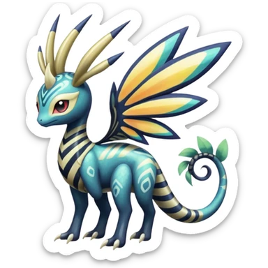 zig-zag-patterned tribal tropical hot spotted striped Meloetta-Dialga-Giratina-Noibat-Pokémon-Fakémon-fusion-hybrid-creature sticker