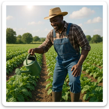 Black man farmer, watering crops, wearing boots and overalls, sunny day, green field sticker
