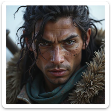 realistic fantasy style close-up detailed face of a fierce League of Legends warrior with a weapon sticker