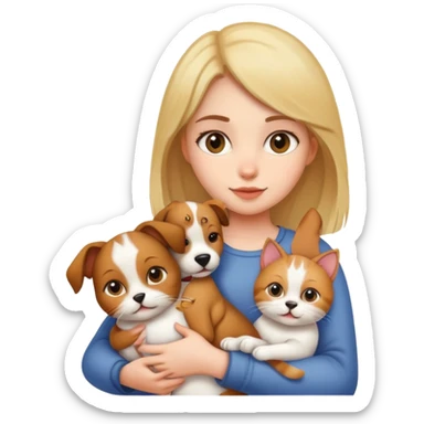 Girl holding a cat and a dog sticker