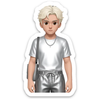 XQC with brown eyes, platinum blonde hair, white metallic t-shirt, gray metallic baggy pants, silver necklace sticker