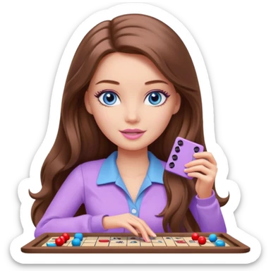 beautiful barbie girl with long brown hair, blue eyes and wearing light purple clothes playing board games sticker