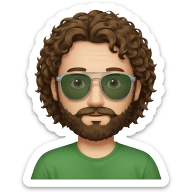 a self asured white male. brown hair. green t-shirt. blue background 5 days beard. sunglasses. longer curly hair sticker