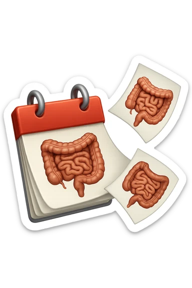 emoji stile iphone di un calendario con fogli che volano insieme, sui fogli ci sono disegnati degli intestini anatomici, iperrealistico 4k, isolato su sfondo bianco sticker