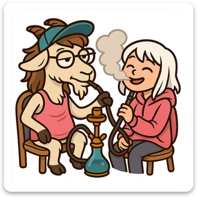 goat for Telegram stickers inspired by reference https://attic.sh/feoducyurkpqwz0la088soao98sx: wearing a cap, glasses, mullet hairstyle, pink drunkard tank top, sitting on a chair, smoking hooka with a girl. girl with white hair and pink hoodie https://i.ytimg.com/vi/x9PRt8xgy7Y/hqdefault.jpg . transparent background  sticker