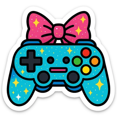 a glittery game controller with rainbow buttons and a pink bow, vibrant toon style, for a queer gaming community sticker