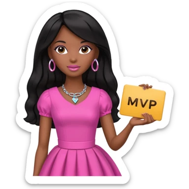 Black barbie, long black  hair, pink dress holding mvp sign  sticker