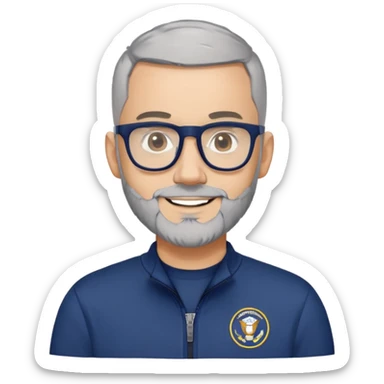 Man with light skin, extremely short black hair (military buzz cut), short peppered gray beard, large black-framed glasses, smiling face, navy blue zip-front sweatshirt with long sleeves sticker