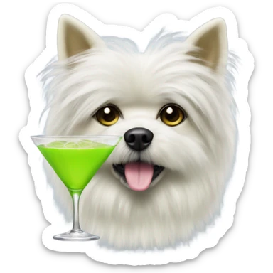 lime green fluffy dog with pointy ears with a martini sticker