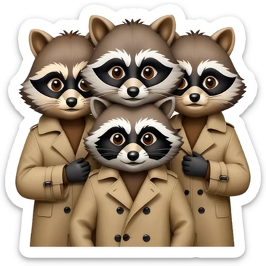 three raccoons stacked on top of each other wearing a trench coat sticker