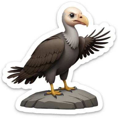 a vulture — large bird with dark brown feathers, bald WHİTE head, curved beak and sharp eyes — standing proudly on a rock — wings slightly open — realistic yet cute cartoon emoji look, clean lighting, soft shadows. sticker