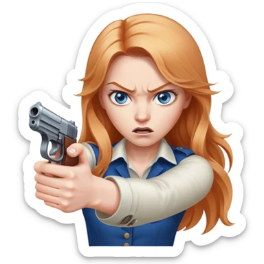 woman with long strawberry blond hair and blue eyes pointing gun and looking mad sticker