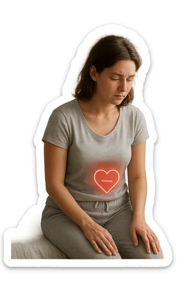 3D realistic medical illustration: a young woman in her 20s or 30s sits on the edge of a bed in a softly lit bedroom, looking thoughtful and slightly concerned. She wears comfortable loungewear, her posture is slouched, and her expression is subdued. Subtle visual cues—such as a faded calendar with missed menstrual cycles and a dimmed heart or energy icon near her abdomen—symbolize low libido and amenorrhea. The scene is realistic, intimate, and empathetic. sticker