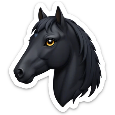 Cinematic Noble Black Horse Portrait Emoji, Poised and regal, with a strong, athletic build and a sleek, well-groomed jet-black fur, deep-set soulful dark eyes, Simplified yet sharp and sophisticated features, highly detailed, glowing with a soft, dignified glow, high shine, intelligent and commanding, stylized with an air of mysterious grace, focused and attentive, soft glowing outline, capturing the essence of a watchful and confident steed, so majestic it feels as though it could gallop out of the screen with effortless authority! sticker