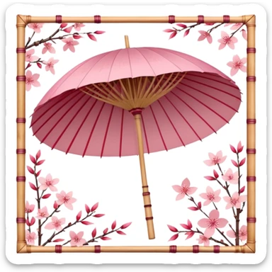 Sakura-themed Japanese wagasa parasol, pink and red washi paper, cherry blossom patterns, delicate floral design, bamboo frame, traditional Japanese style, aesthetic, elegant, no humans, pastel color palette sticker