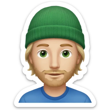 white man, mid thirties, blue eyes, mid length wavy hair, green beanie hat, stubble, face only sticker