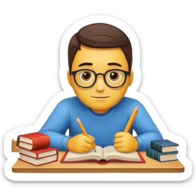 emoji man student studying at home with books, bored, room, white background sticker