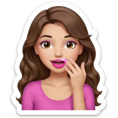 girl with long wavy brown hair, brown eyes, long lashes makeup, sexy pink lips, light to medium complexion, wearing a pink sexy top, sexy, giggling hand covering mouth sticker