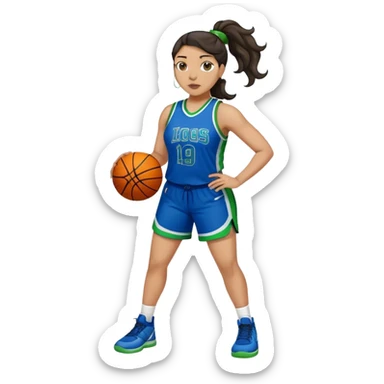 full body plus size light skin  latino women basketball player with wavy dark hair in pony tail wide nose wearing blue uniform with green accent sticker