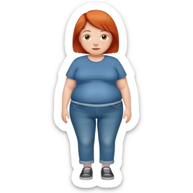 Lazy old Short woman with straight short red hair and fat tummy..wears jeams and full tahirt sticker
