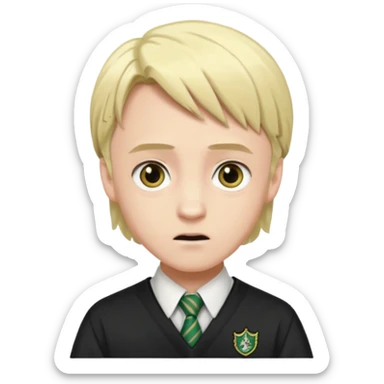 Draco Malfoy face, pale blond hair, sharp features, sly expression, school uniform, Harry Potter style emoji sticker