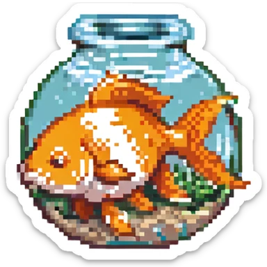 goldfish, pixel art style, retro pixel, orange and white, cartoonish sticker